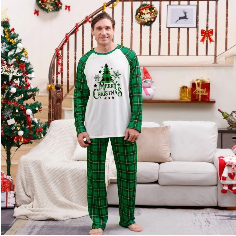 Mens green and black plaid Merry Christmas pj's